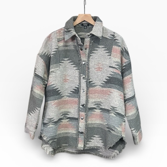 Fate Aztec Southwest Fringe Trim Long Sleeve Oversized Shacket Gray Size Small - Picture 5 of 12